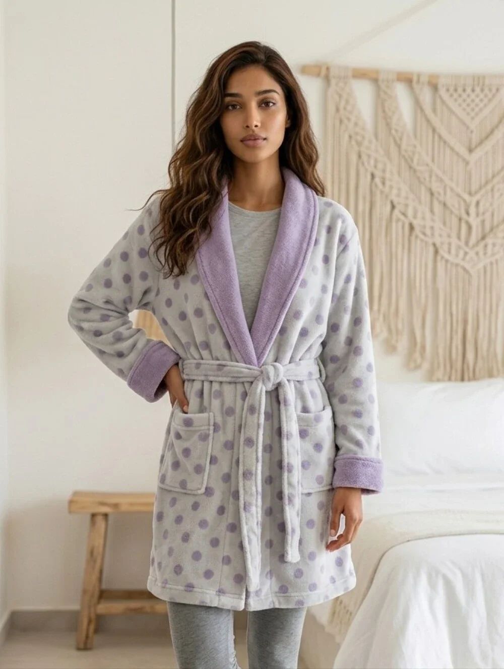 Ulta Beauty L/XL Minky Plush Lilac Polka Dot Short Bathrobe Womens Bath Spa Robe